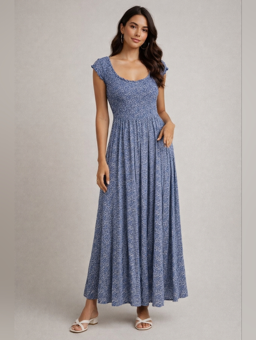 Blue Floral Cap-Sleeve Flowy Maxi Dress